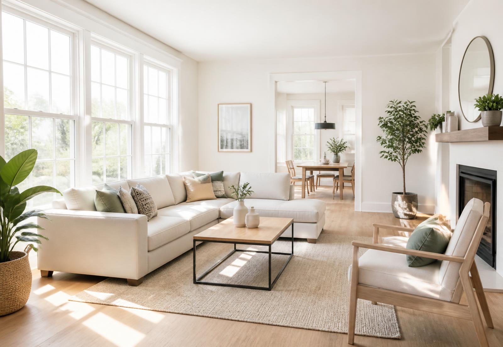 Bright, freshly cleaned living room with natural light and plants